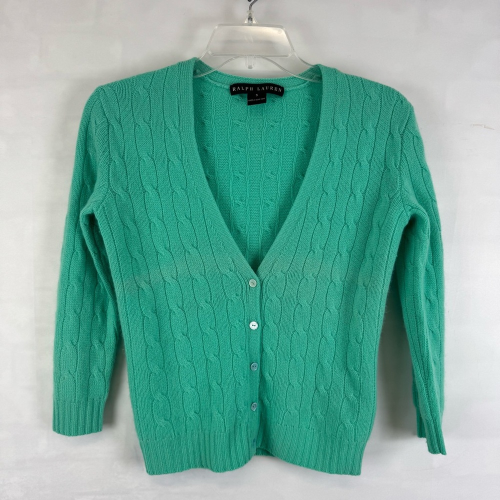 Ralph Lauren Black Label 100% Cashmere Cable Knit Cardigan Sweater Green Small